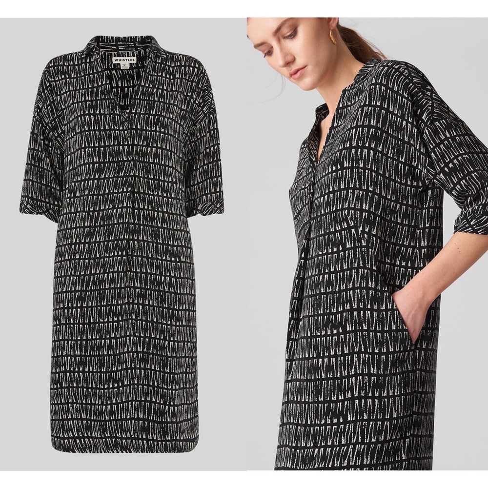 Whistles Abstract Print Sahara Cocoon Crepe Dress Black Size Small - Picture 2 of 10